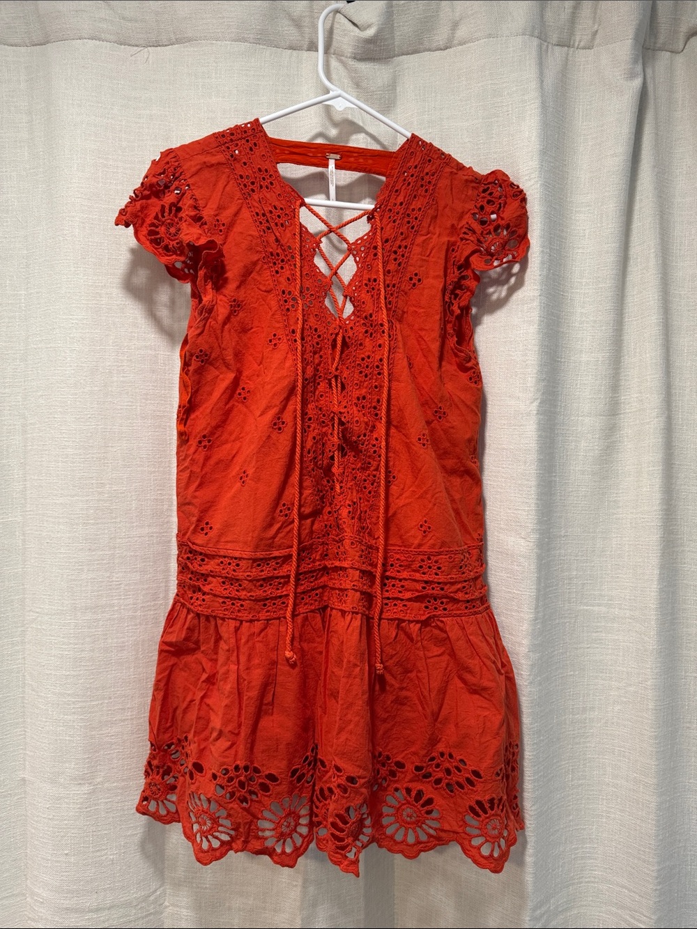 Free People Red Eyelet Lace-Up Mini Dress